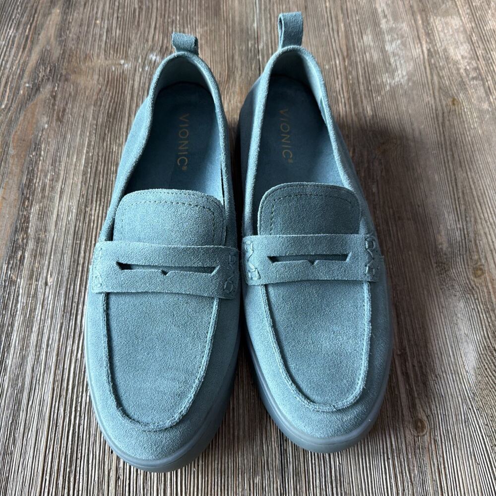 Vionic uptown penny Loafers Teal blue Suede Comfort Shoes Slip On Womens 9 Wide